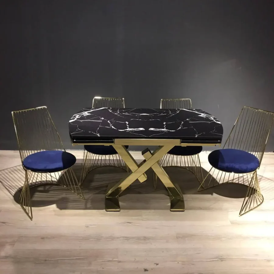 Açılır X Ayak Gold Metal Mermer Desenli Masa Takımı - Görsel 1