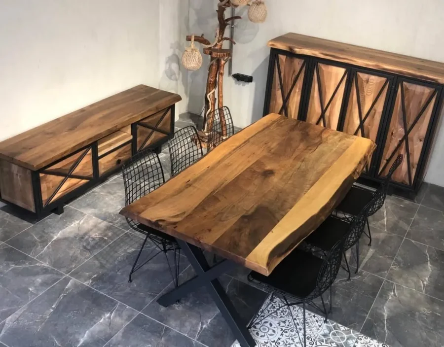 Kütük Masa Yemek Odası Takımı – Metal Ayaklı Modern Tasarım - Görsel 1