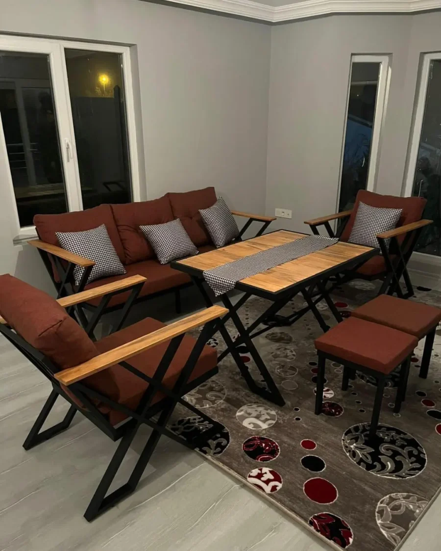 Metal Ayaklı Bahçe Balkon Oturma Grubu – Bordo Minderli - Görsel 1